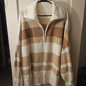 Aerie 100% Cotton Women's Zip Up Sweater - Cream and Brown